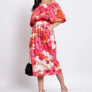 Souk & Sepia Off the Shoulder Floral Dress Pink Red Satiny Summer Dress